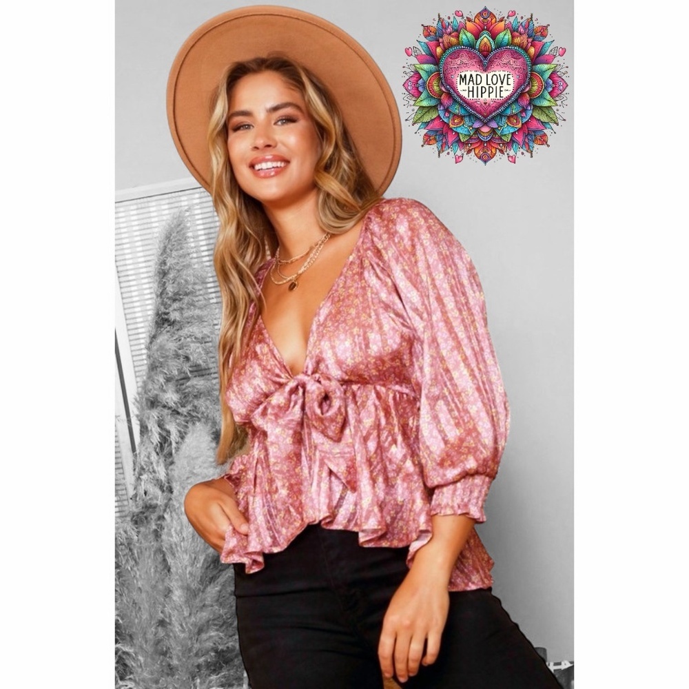 Peach Love Pink Satin Floral Print V Neck Sparkle Accent Babydoll Top with Bow - Picture 2 of 7